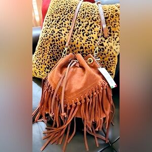 NWOT Isadora Mahogany Suede Fringe Hobo Drawstring Purse